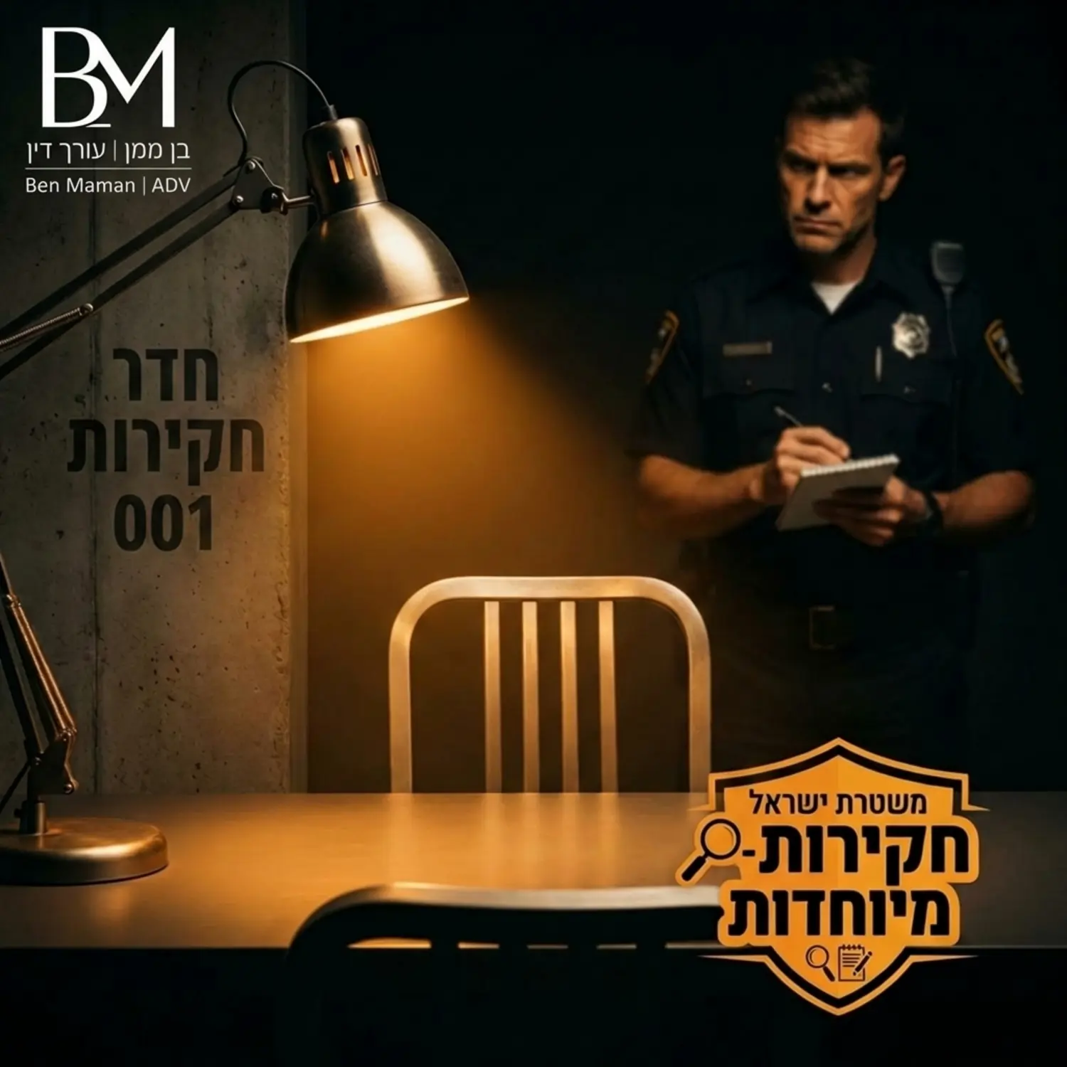 חדר חקירות חשוך מעט עם שולחן מתכת, מנורה המאירה על כיסא ריק, ברקע חוקר משטרה מטושטש לובש מדים ורושם הערות בפנקס תוך כדי התבוננות נחרצת