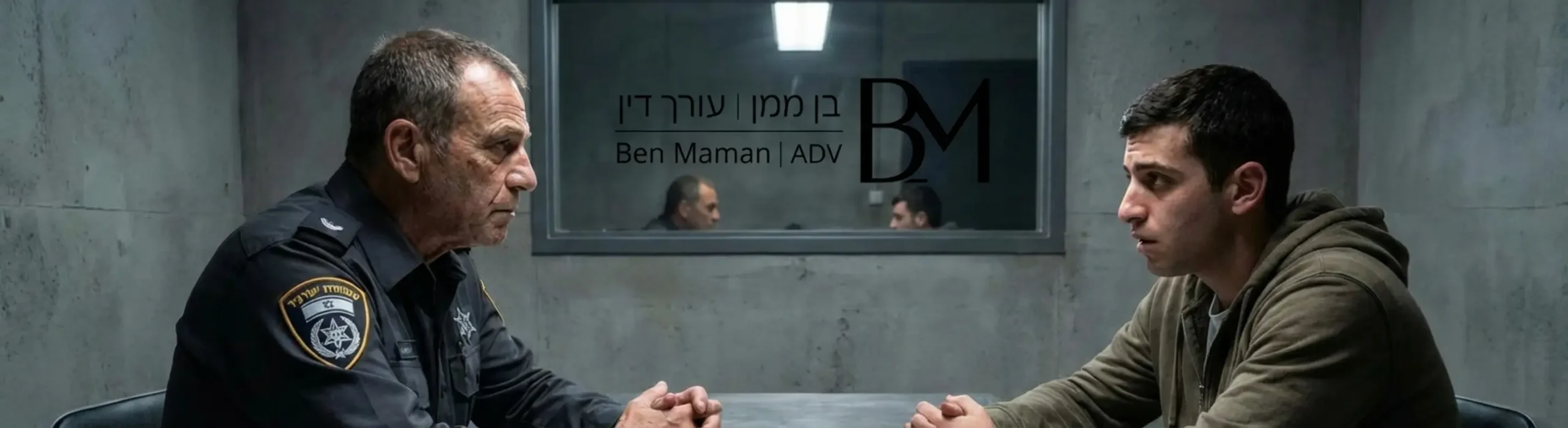 תמונה המציגה שני אנשים יושבים משני עברי שולחן, אחד חוקר משטרה והשני חשוד, ביניהם מונח טלפון נייד ומסמך משפטי