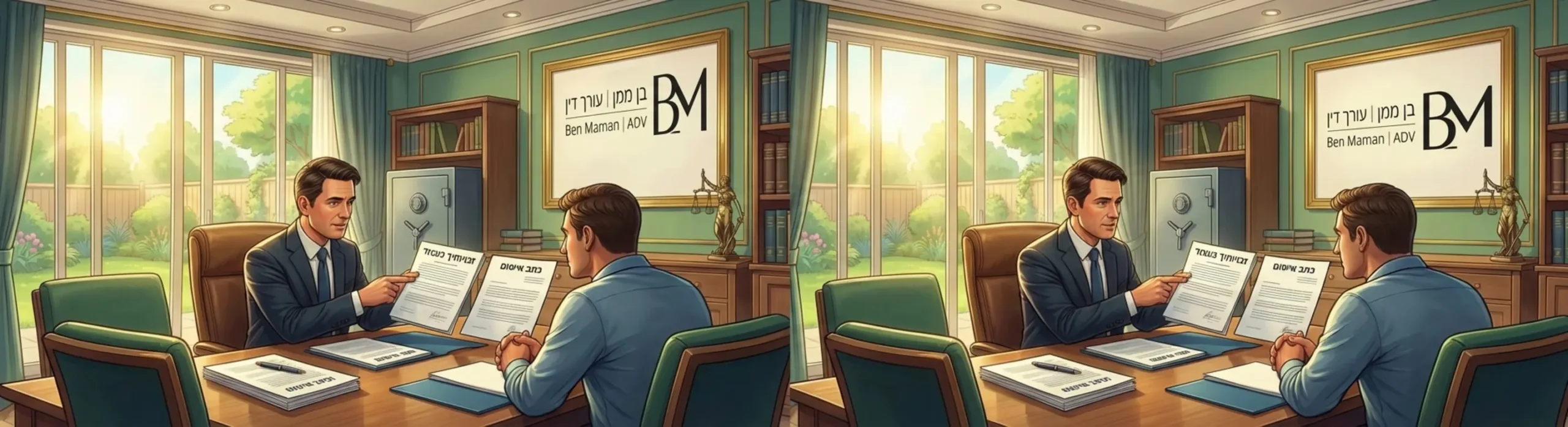 איור מקצועי המראה סניגור פלילי יושב מול לקוח ומסביר לו את זכויותיו באמצעות מסמכים משפטיים בחדר ישיבות מואר ומרגיע המסמל ביטחון והגנה