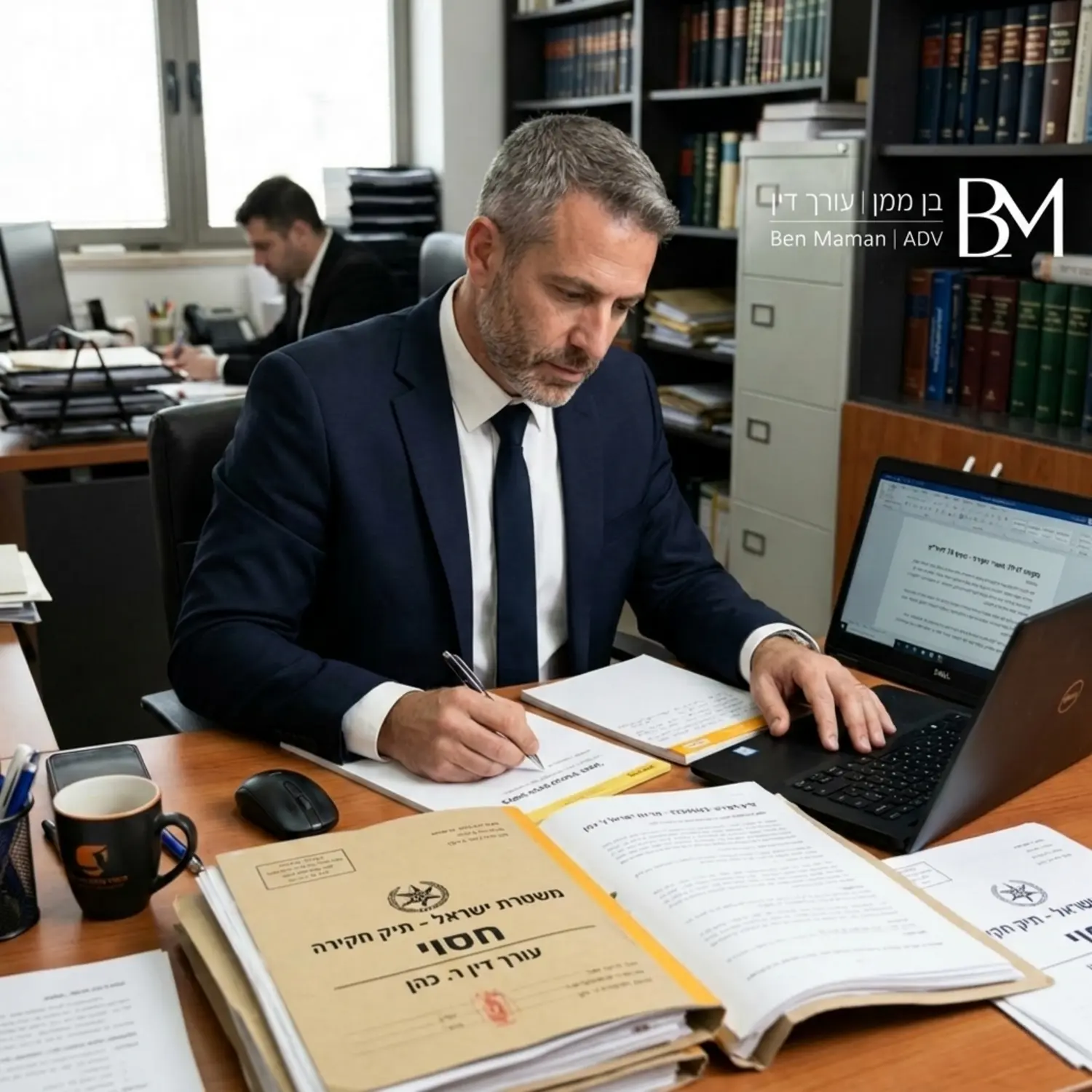 תמונה של עורך דין פלילי מעיין בתיקי חקירה עם חותמת של משטרת ישראל תוך כתיבת בקשה משפטית מנומקת מול מחשב נייד באווירה משרדית רצינית