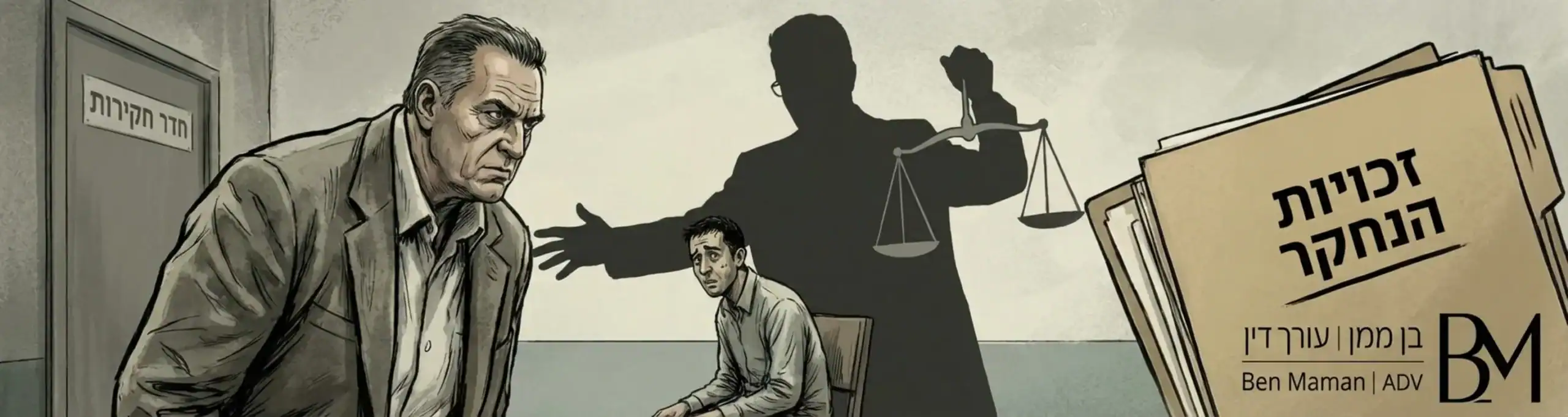 איור הממחיש את יחסי הכוחות בחדר החקירות: חוקר מנוסה מול נחקר בודד ומודאג, כאשר ברקע צללית של עורך דין המאזנת את כפות המאזניים