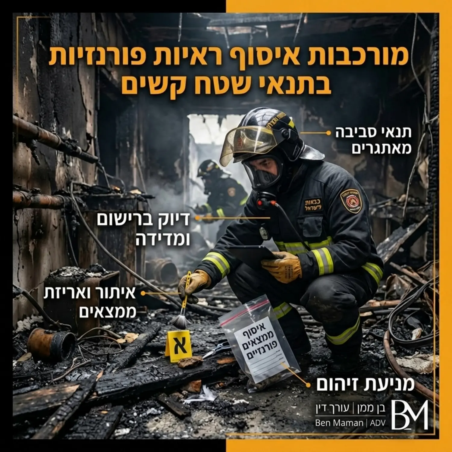 תמונה ריאליסטית של זירת שריפה בתוך מבנה חרוך עם חוקר שריפות הלובש ציוד מגן ואוסף ממצאים למעבדה הממחישה את המורכבות של איסוף ראיות פורנזיות בתנאי שטח קשים