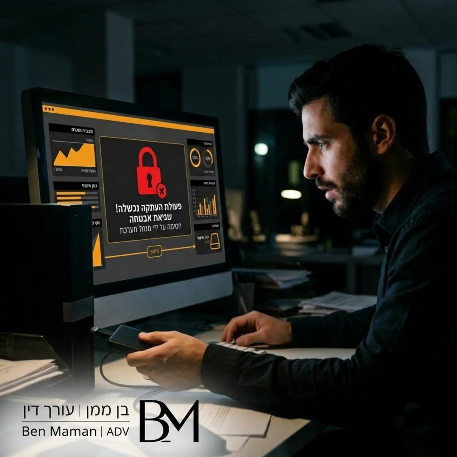 תמונה של עובד מול מחשב במשרד חשוך מעתיק נתונים לכונן חיצוני כאשר מופיע סמל של מנעול אדום על המסך