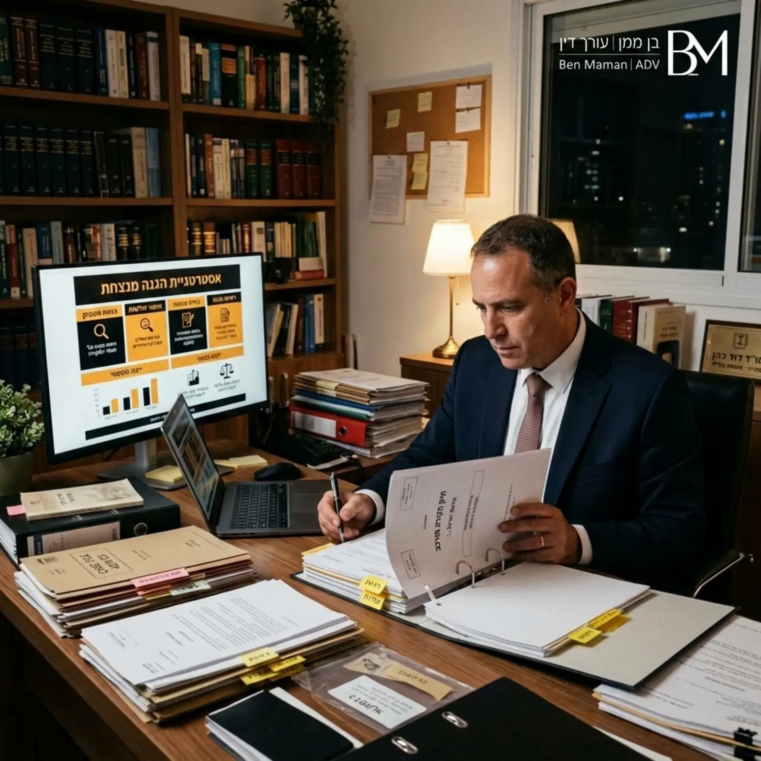 תצלום מקצועי של עורך דין פלילי מעיין בתיקי חקירה מורכבים במשרדו, מנתח חומרי חקירה ובונה אסטרטגיית הגנה מנצחת עבור הלקוח