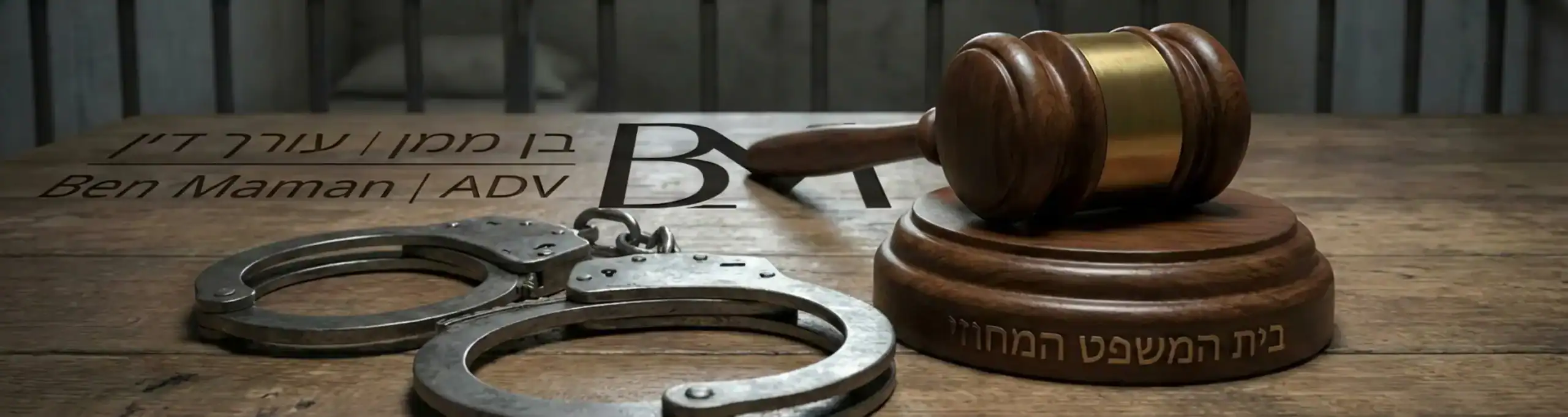 תמונה ריאליסטית של אזיקים מונחים על שולחן לצד פטיש שופטים, הממחישה את רצינות המצב המשפטי לאחר מעצר