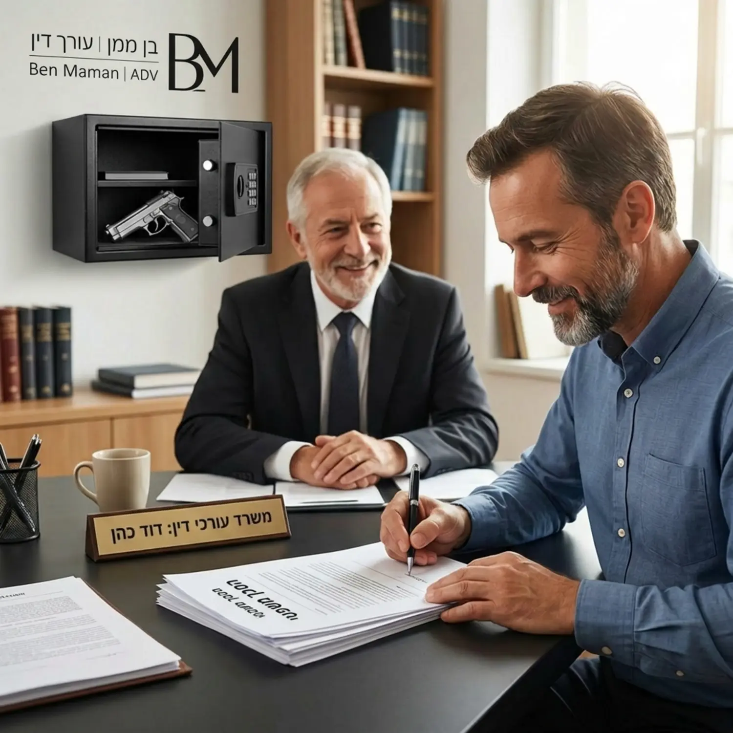 תמונה המציגה אדם חותם על מסמך משפטי במשרד עורך דין, כשברקע מונח אקדח בכספת פתוחה, המסמלת את סיום התהליך המשפטי בהצלחה והשבת הביטחון לידי האזרח.