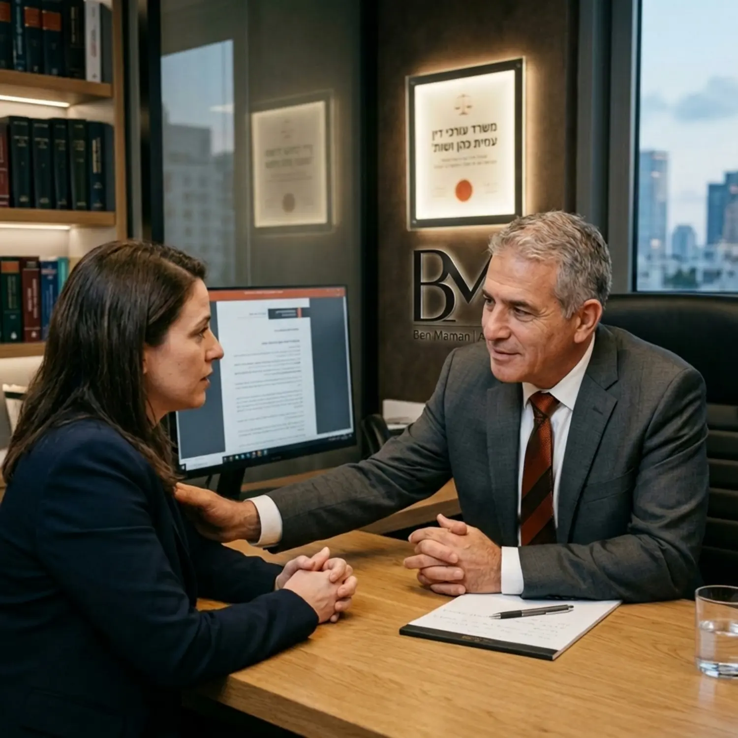 צילום אווירה המציג עורך דין יושב מול לקוח במשרד מודרני ודיסקרטי, משדרים אמינות, הקשבה וביטחון, כשהפוקוס הוא על שפת הגוף המכילה והמגוננת של עורך הדין הפלילי