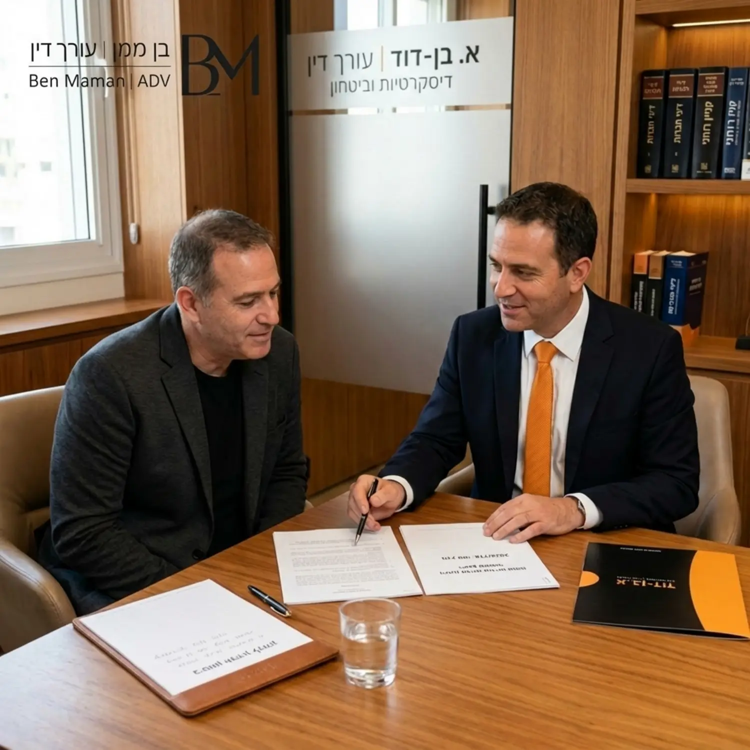 תמונה המשדרת ביטחון ודיסקרטיות, מראה עורך דין ולקוח יושבים בחדר ישיבות סגור, מתמקדים במסמכים, באווירה מקצועית ומרגיעה המשרה תחושת אמון מלאה