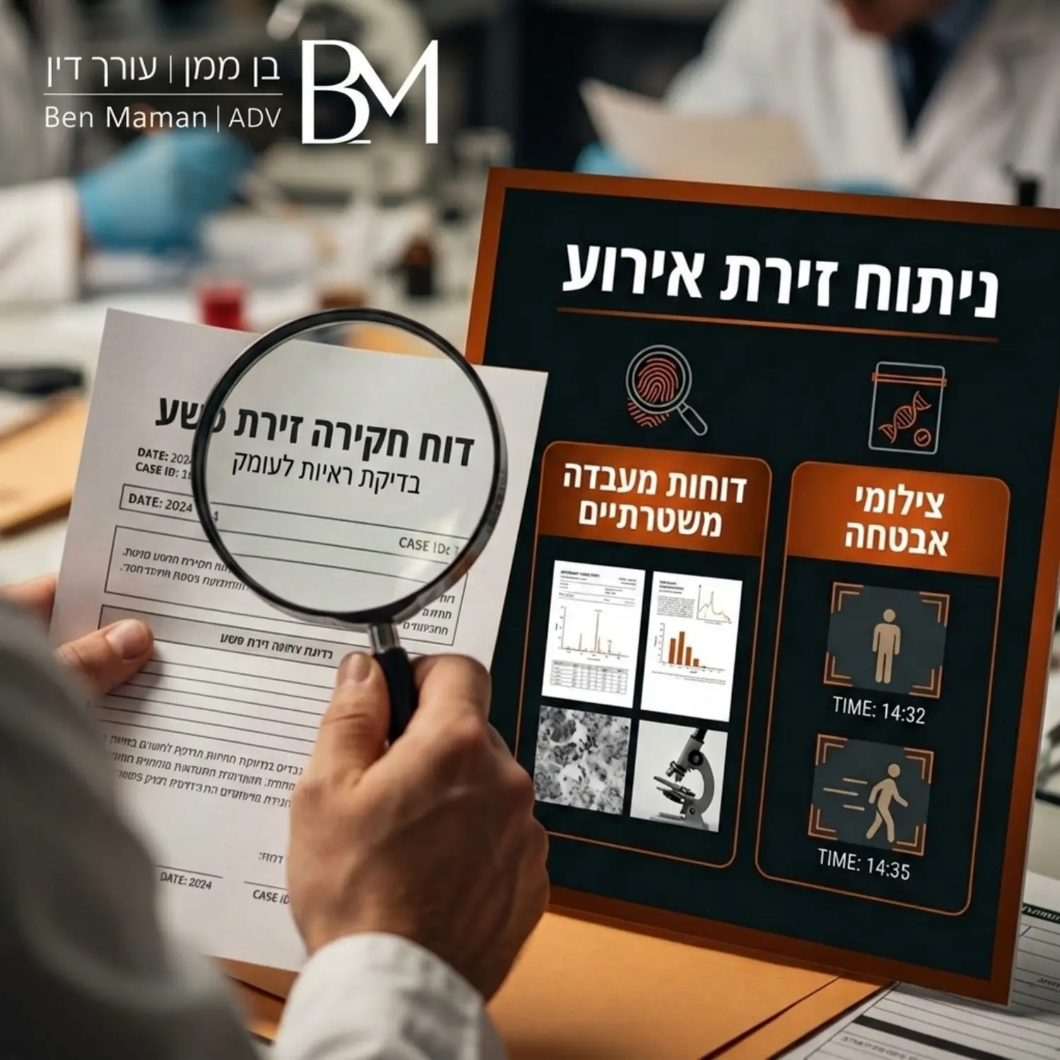 צילום אווירה הממחיש ניתוח זירת אירוע, זכוכית מגדלת על דוחות מעבדה משטרתיים וצילומי מצלמות אבטחה, המשדר ירידה לפרטים הקטנים וחקירת ראיות לעומק