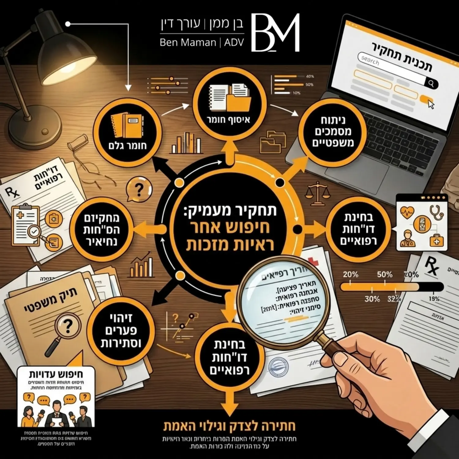 תמונה של שולחן עבודה עמוס במסמכים משפטיים, זכוכית מגדלת, ודו