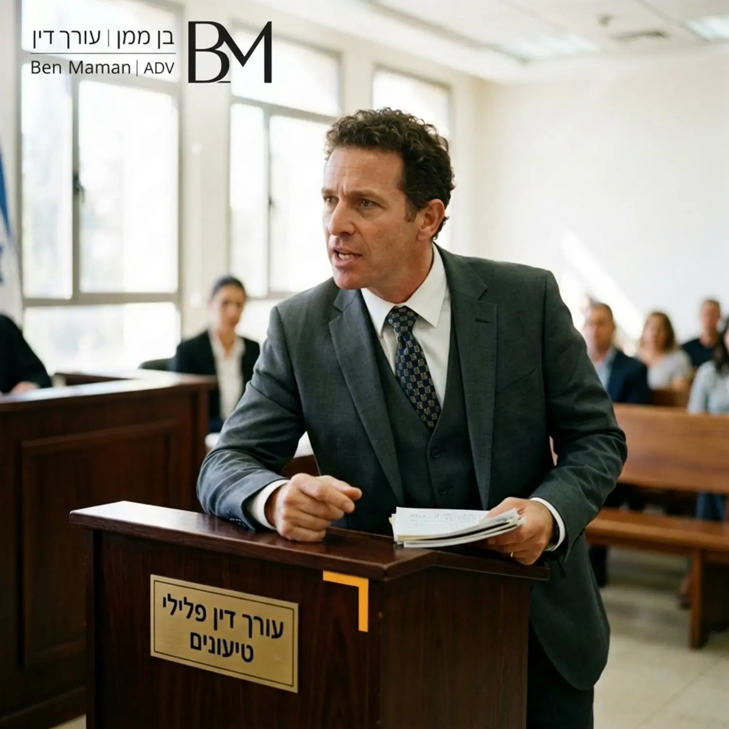 צילום תקריב איכותי של עורך דין פלילי עומד באולם בית משפט מואר, לבוש בחליפה כהה רשמית, נשען בנחישות על עמדת הטיעונים וטוען בלהט מול שופט בלתי נראה, כשהוא מחזיק בידו מסמכים משפטיים מודפסים
