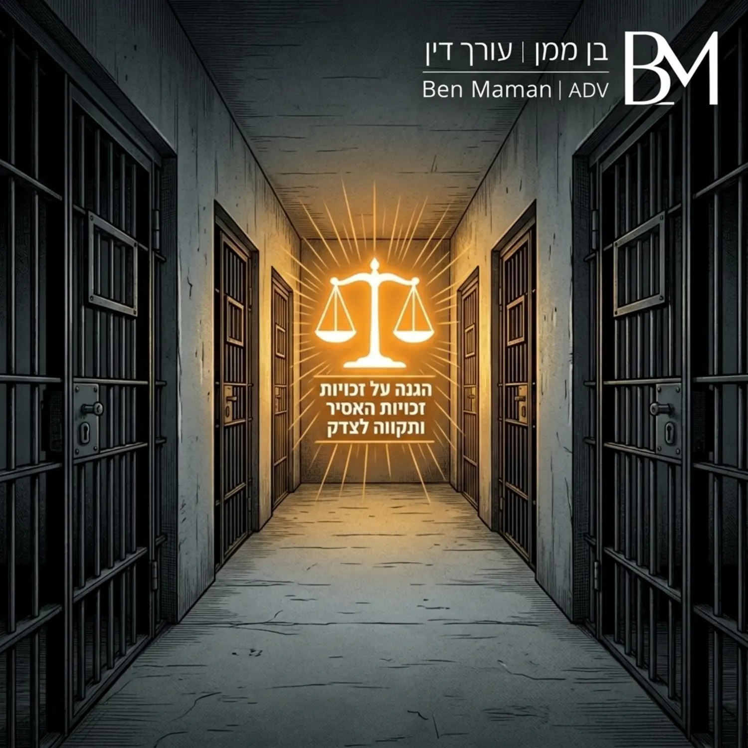 צילום אילוסטרציה של מסדרון בית סוהר עם דלתות תאים נעולות כאשר ברקע מופיע סמל מאזני הצדק המואר באור חם המייצג את התקווה וההגנה על זכויות האסיר