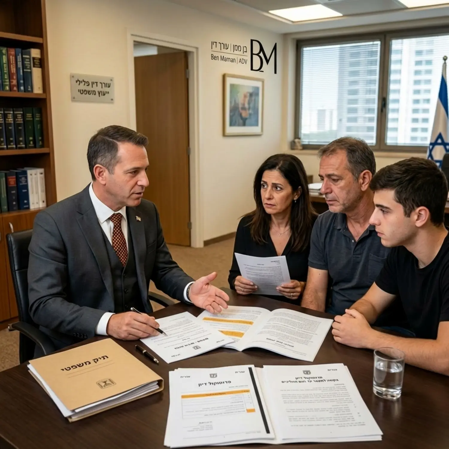 תמונה המציגה עורך דין פלילי בחליפה מחויטת יושב בחדר התייעצות מול משפחה של אסיר ומסביר להם על מסמכים משפטיים מתוך תחושת אמפתיה ביטחון ומקצועיות