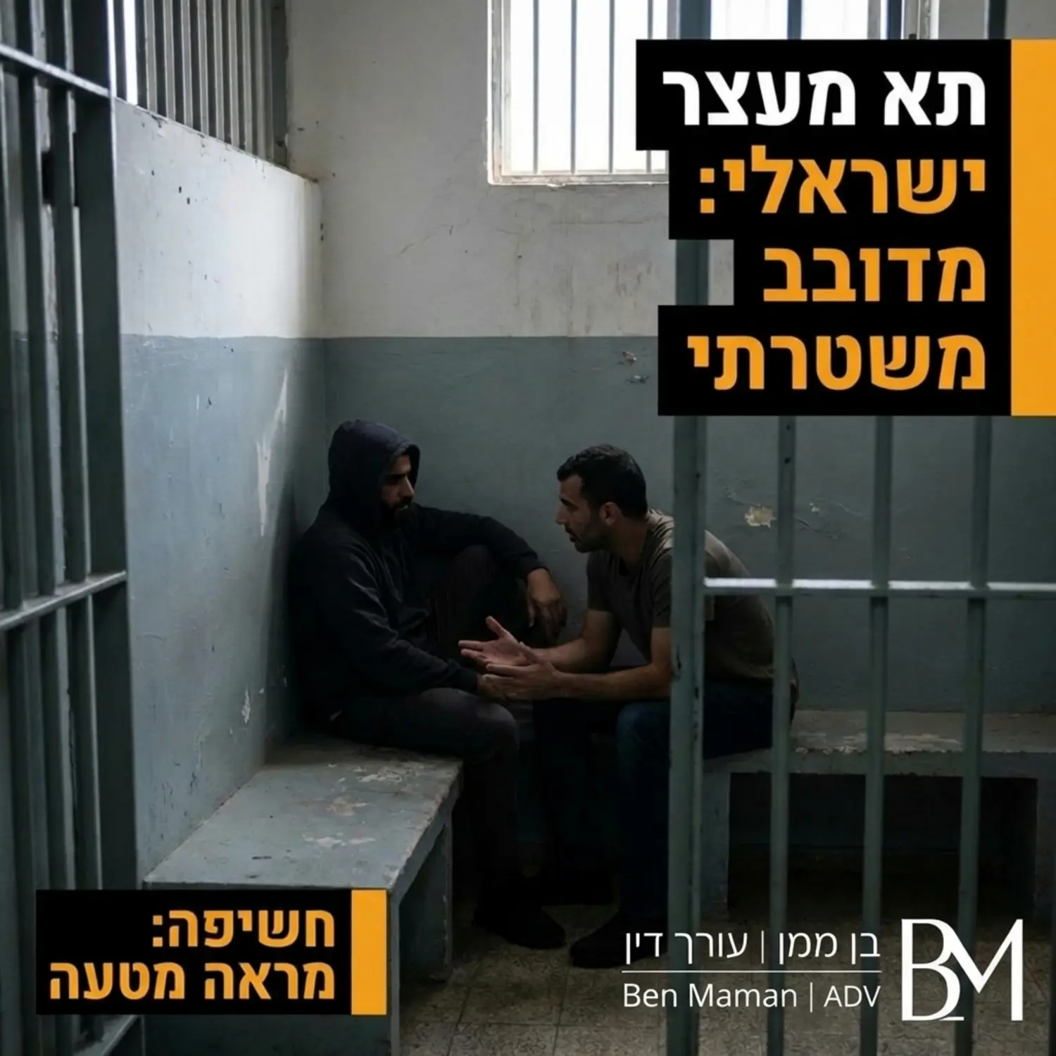 תמונה מציאותית הממחישה תא מעצר ישראלי בו יושבים שני עצורים בשיחה קרובה אחד מהם מוסתר קלות בצל וממחיש את המראה השגרתי אך המטעה של מדובב משטרתי מקצועי