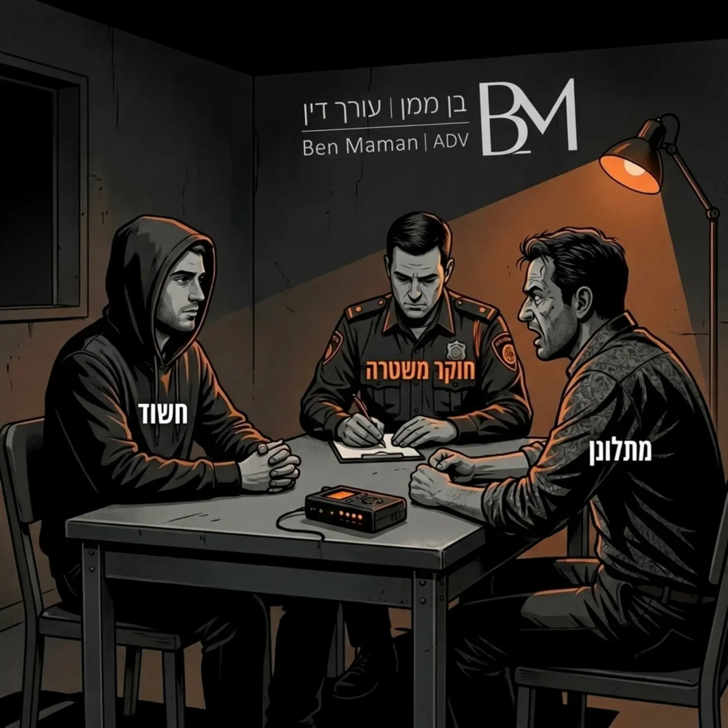איור של חדר חקירות משטרתי המראה חשוד יושב מול מתלונן כאשר ביניהם יושב חוקר משטרה המתעד את הדברים, באווירה מתוחה אך החשוד נראה מאופק ורגוע
