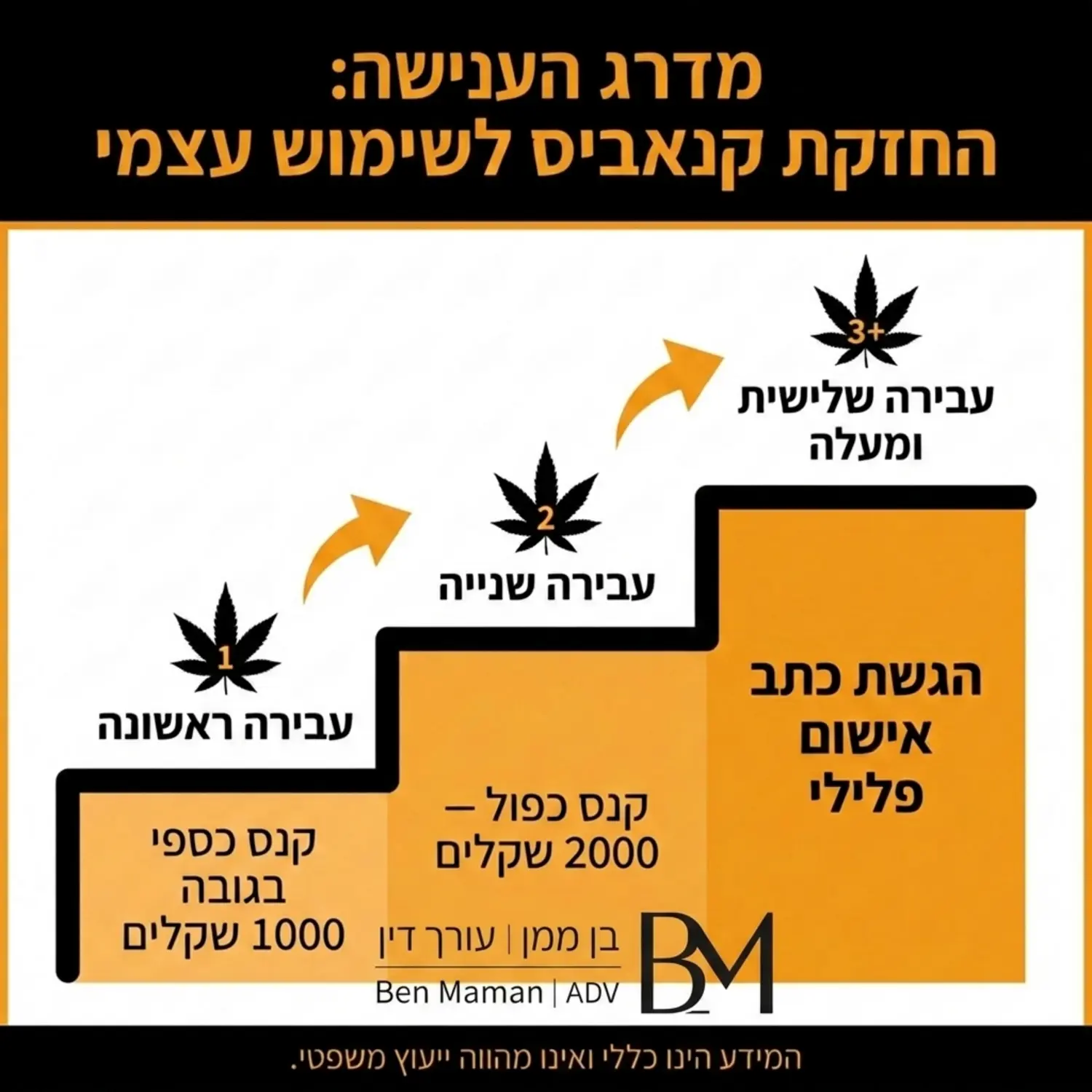 אינפוגרפיקה המציגה את מדרג הענישה על החזקת קנאביס לשימוש עצמי לפי מספר העבירות, החל מקנס כספי בגובה 1000 שקלים ועד להגשת כתב אישום פלילי