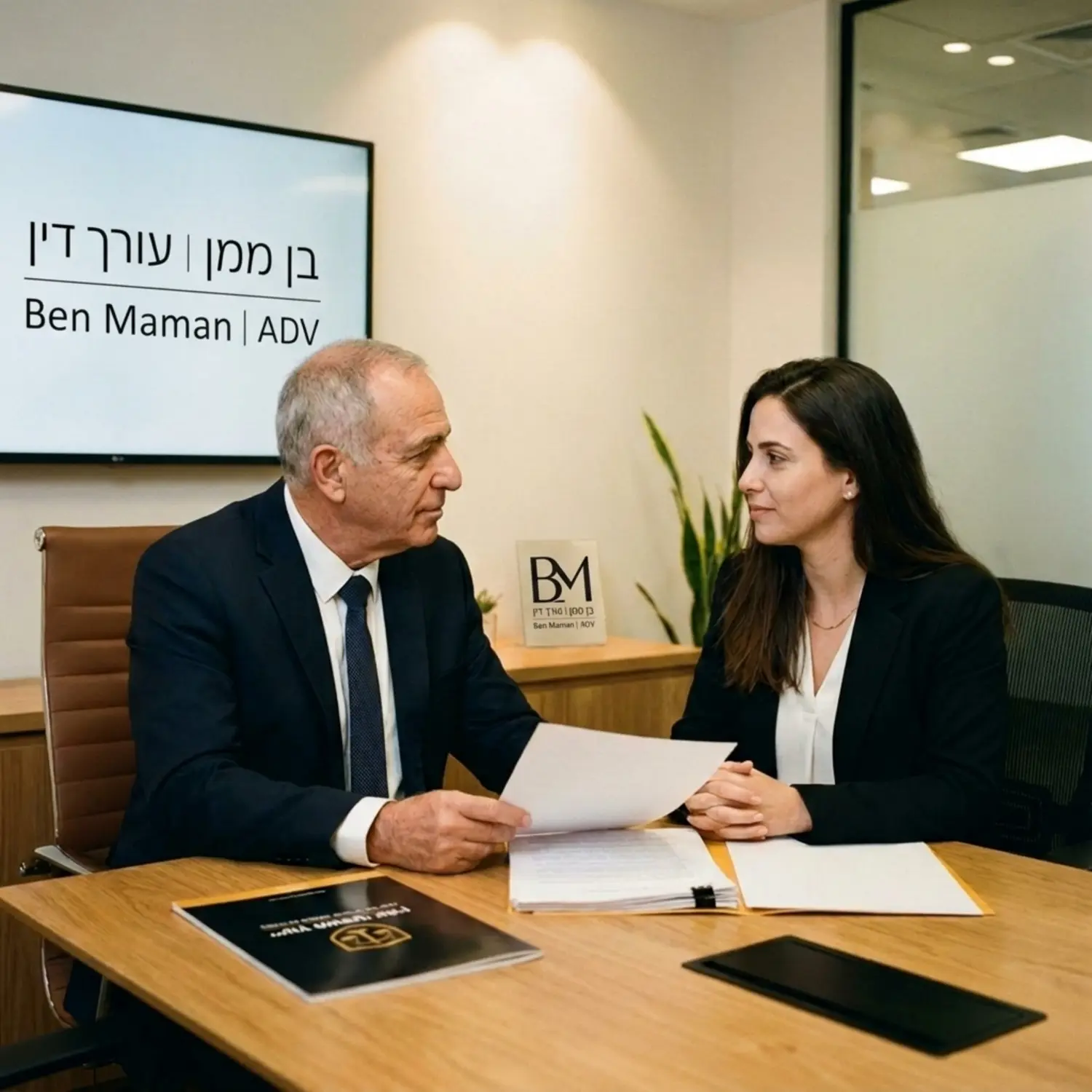 צילום אווירה מקצועי של עורך דין פלילי יושב במשרדו עם לקוח, מציג לו מסמכים משפטיים באווירה מרגיעה ובוטחת, כשהדגש הוא על קשר עין, אמפתיה ומקצועיות