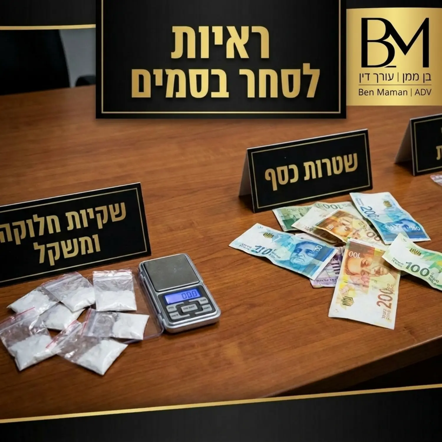 צילום תקריב של שקיות חלוקה קטנות, משקל אלקטרוני זעיר ושטרות כסף פזורים על שולחן, המייצגים ראיות המעלות חשד לסחר בסמים