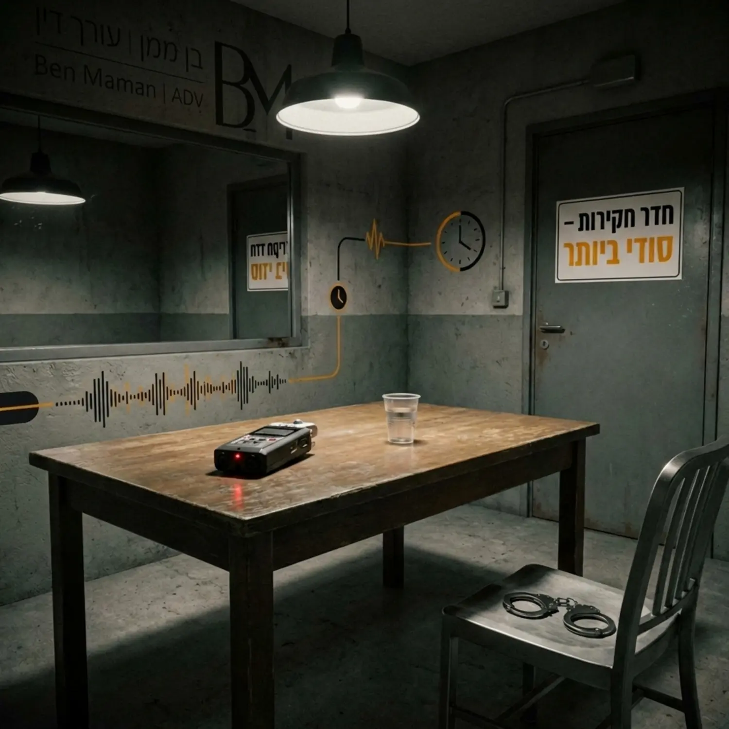 תמונה של חדר חקירות משטרתי מואר באור עמום, על השולחן מונח מכשיר הקלטה וכוס מים, על כיסא הנחקר מונחים אזיקים, האווירה בתמונה משדרת רצינות ומתח פסיכולוגי.