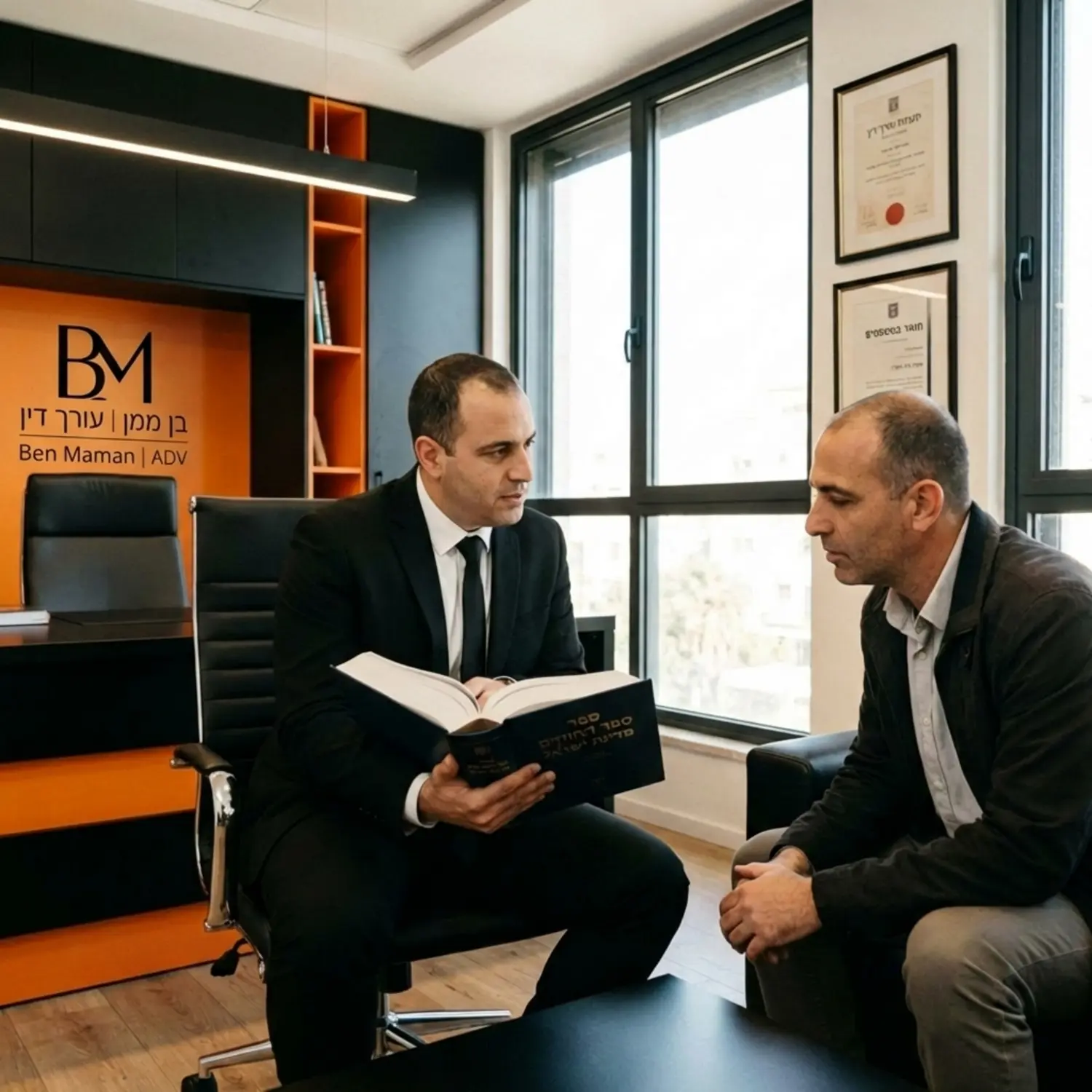 תמונה של עורך דין מקצועי יושב במשרד מודרני מול לקוח, מסביר לו בסבלנות מתוך ספר חוקים פתוח, משדר ביטחון, אמינות ורוגע, כאשר ברקע ניתן לראות תעודות הסמכה משפטיות.
