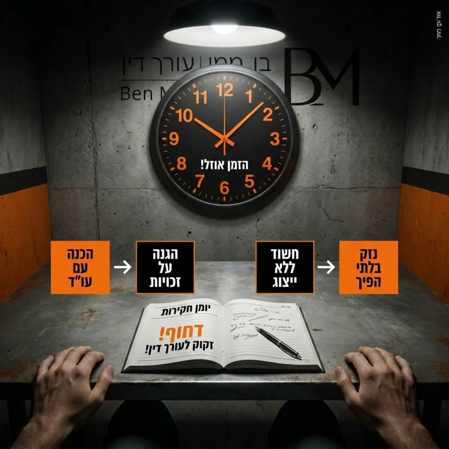 תמונה של חדר חקירות משטרתי מנקודת מבטו של החשוד, עם שעון מתקתק על הקיר ויומן חקירות מונח על השולחן, להמחשת הלחץ האדיר בזמן החקירה והצורך הבהול בהכנה מוקדמת עם עורך דין