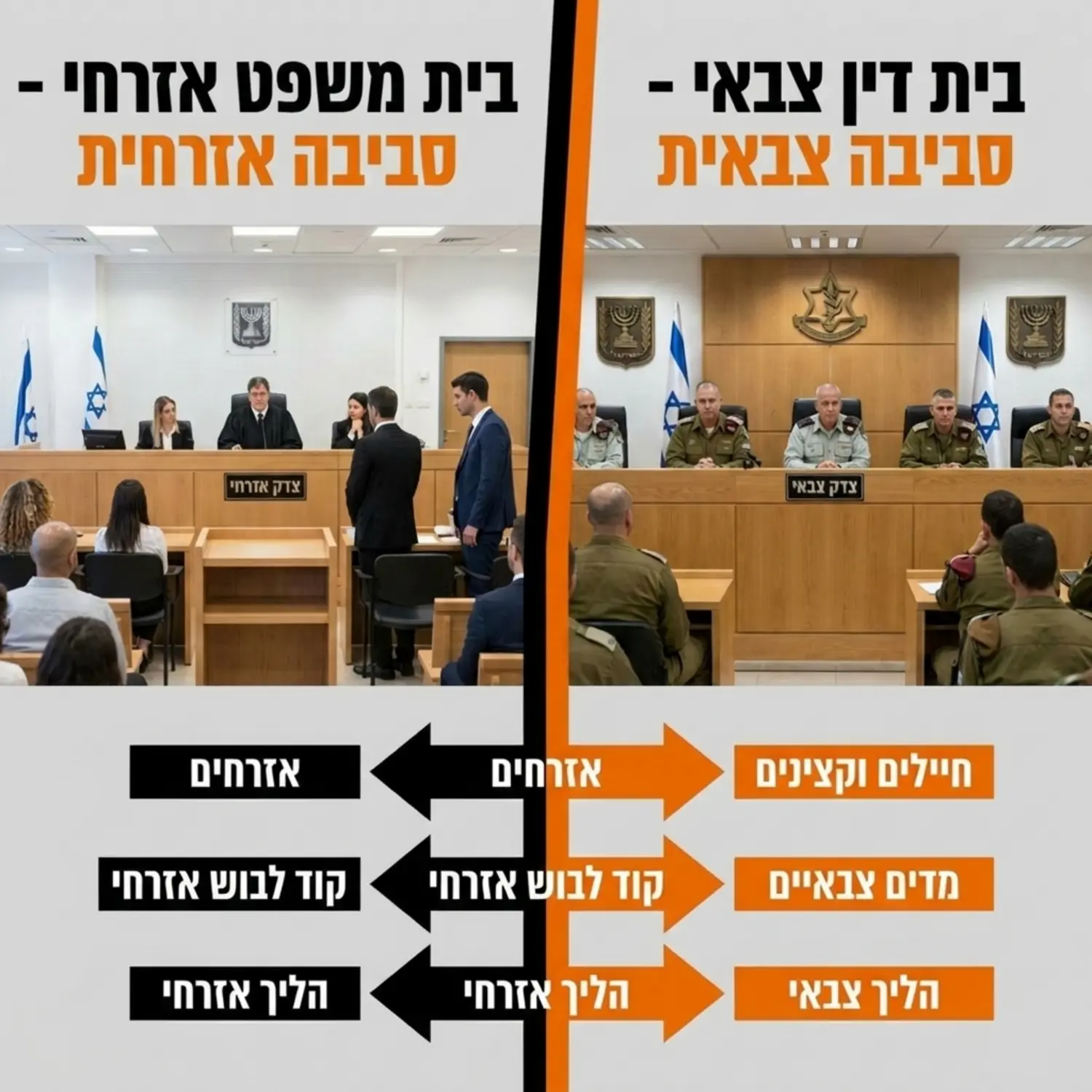 תמונה חצויה המראה בצד אחד אולם בית משפט אזרחי רגיל ובצד השני אולם בית דין צבאי עם קצינים שופטים במדים להמחשת ההבדל בסביבת המשפט