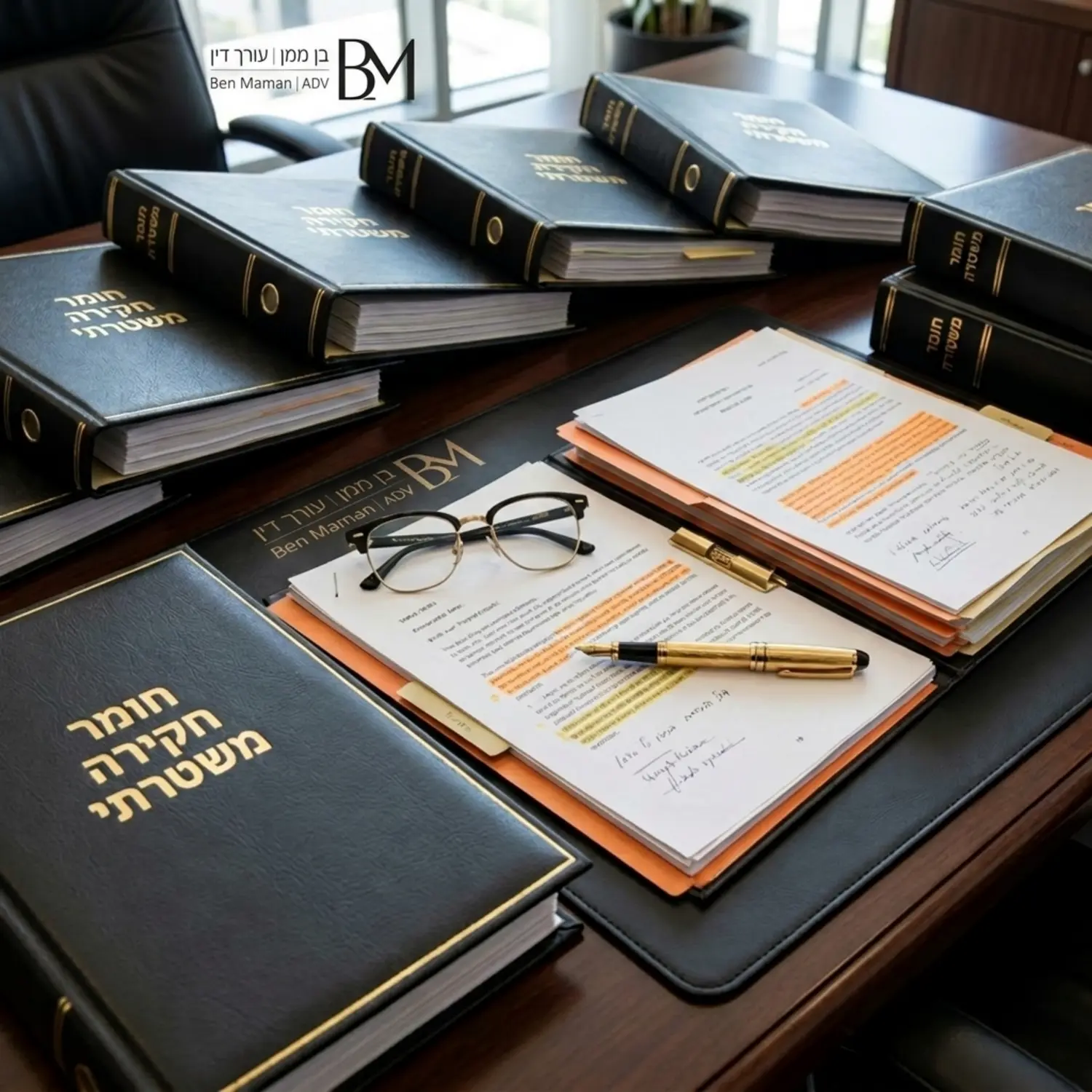 צילום תקריב של שולחן עבודה משרדי יוקרתי, עליו פרוסים קלסרים משפטיים רבים עם חותמת