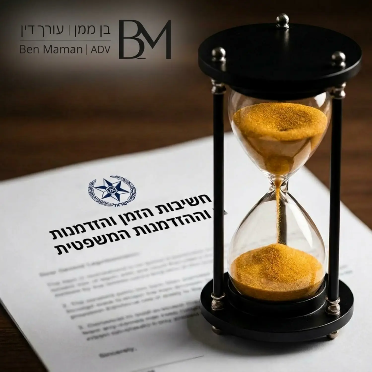 תמונה המציגה שעון חול מהודר מונח על גבי מסמך משפטי מטושטש הנושא את סמל משטרת ישראל, הממחיש את חשיבות הזמן וחלון ההזדמנויות בפעולה המשפטית