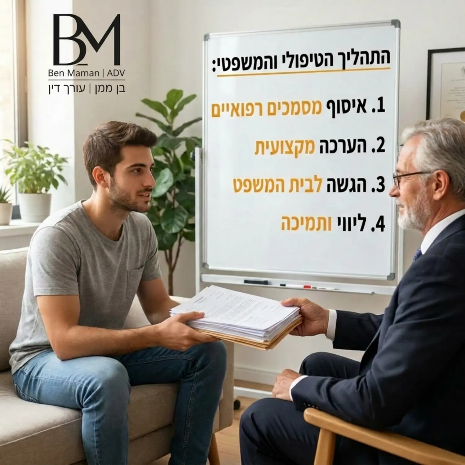 תמונה של צעיר ישראלי יושב במשרד עורכי דין, מציג מסמכים רפואיים מול עורך דין שמסביר לו בסבלנות וברגישות על התהליך הטיפולי הנדרש מול בית המשפט, באווירה מכילה ומרגיעה