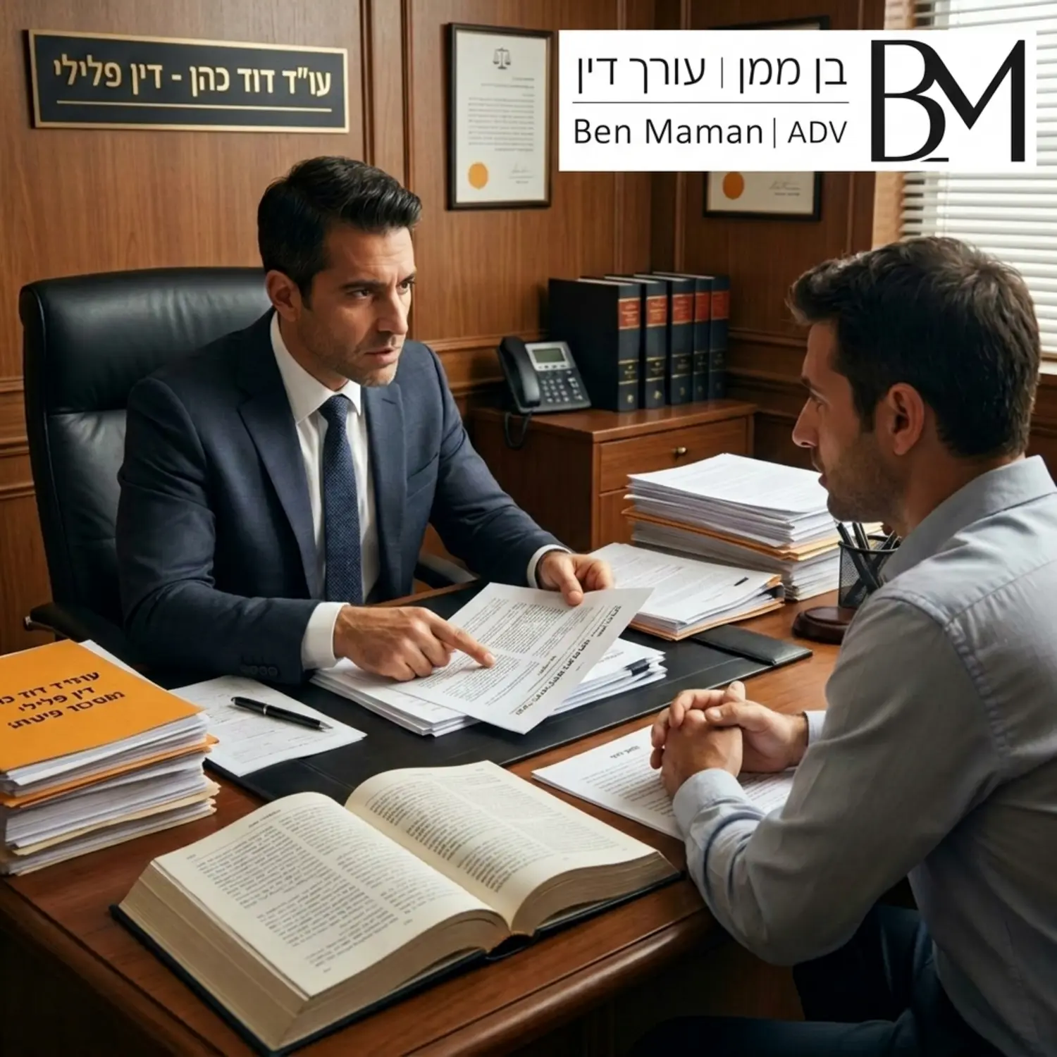 תמונה של עורך דין פלילי בחליפה יושב במשרד אל מול לקוח דואג, מצביע על מסמך משפטי מורכב תוך כדי הסבר. על השולחן מונחים ספרי חוק ופסקי דין פתוחים הממחישים עבודה מעמיקה על התיק.