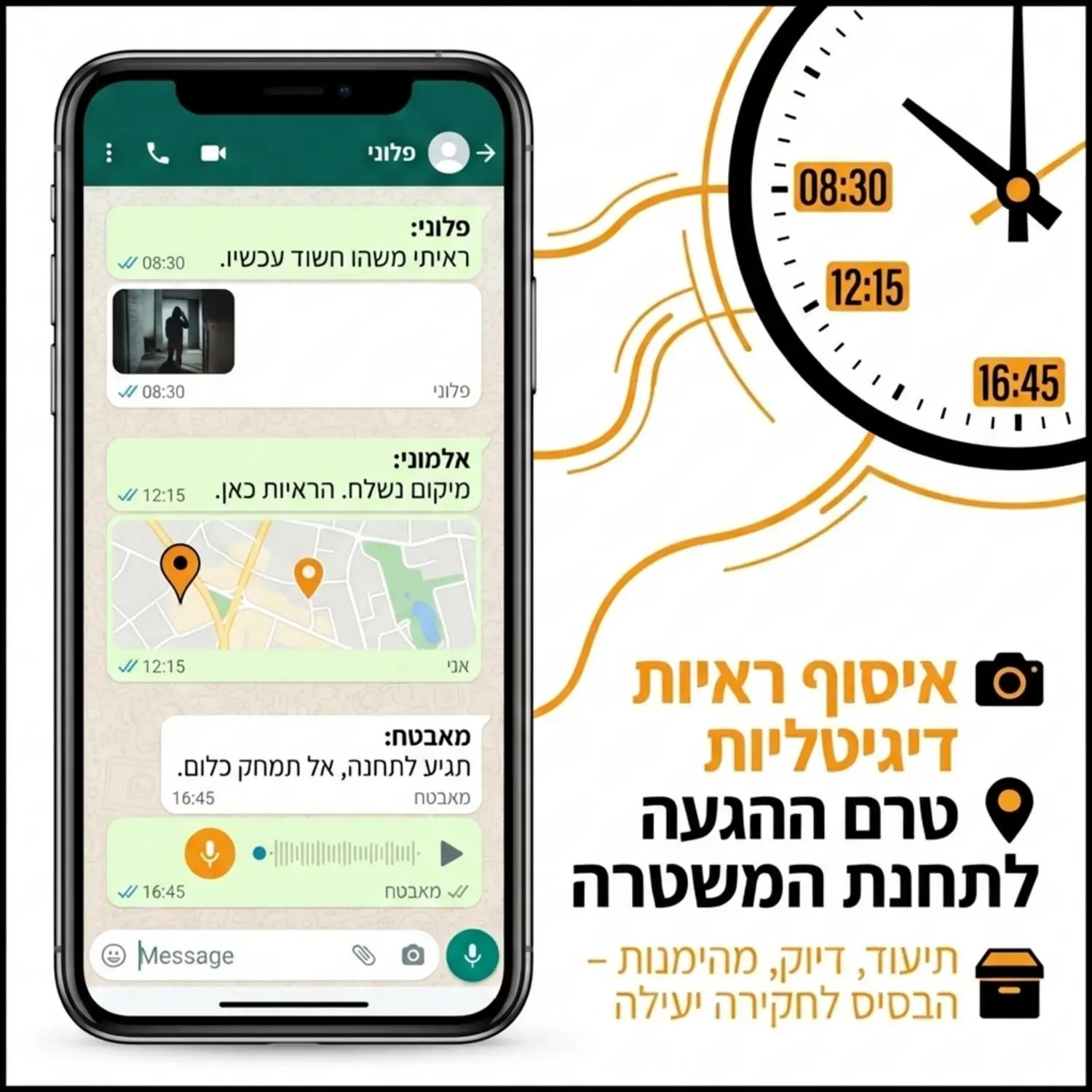 אינפוגרפיקה המציגה מכשיר סלולרי עם צילומי מסך של הודעות ווטסאפ לצד שעון המראה זמנים מדויקים, להמחשת איסוף ראיות דיגיטליות טרם ההגעה לתחנת המשטרה