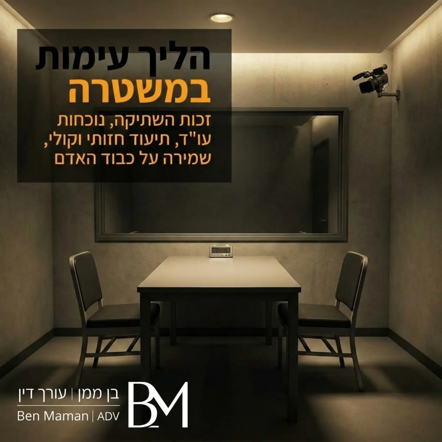 תמונה מקצועית של חדר חקירות מואר באור חלש, ובו שולחן מלבני עם שני כיסאות משני צדדיו, להמחשת העימות במשטרה בין המתלונן לחשוד תוך שמירה על כללי הדין הפלילי