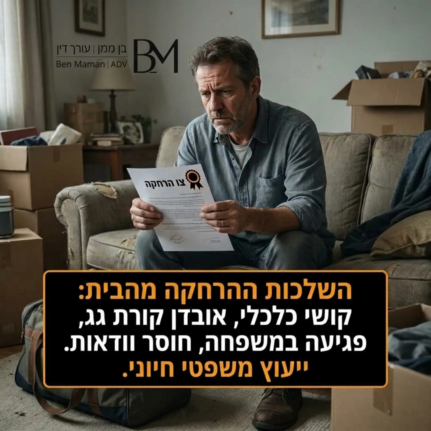תמונה של אדם יושב בסלון ביתו עם תיק ארוז כשהוא קורא מסמך משפטי במבט מודאג הממחישה את הקושי וההשלכות של הרחקה מהבית