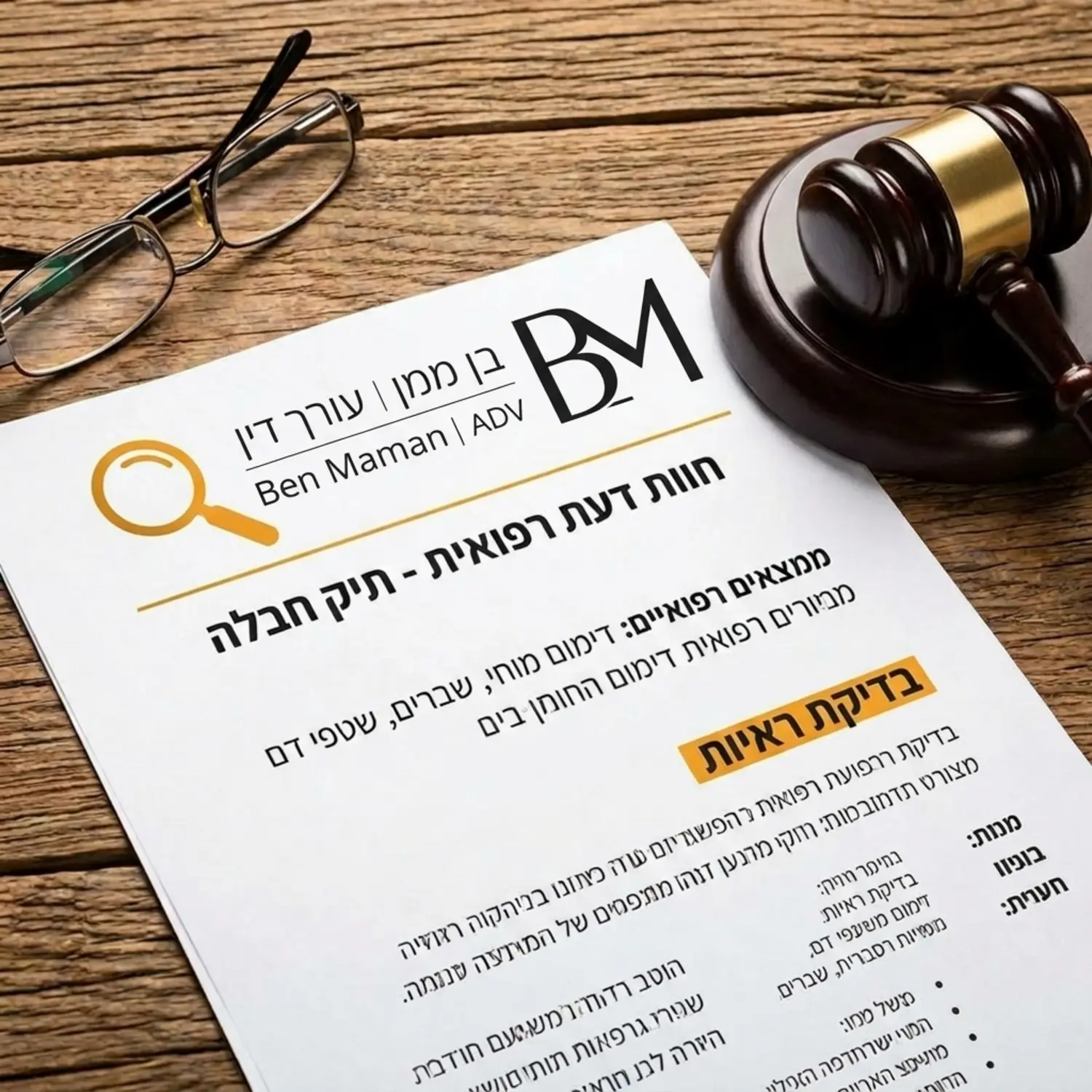 תקריב של מסמך רפואי משפטי מונח על שולחן עץ לצד פטיש שופטים ומשקפי קריאה, המסמל את הבחינה הדקדקנית של הראיות בתיקי חבלה