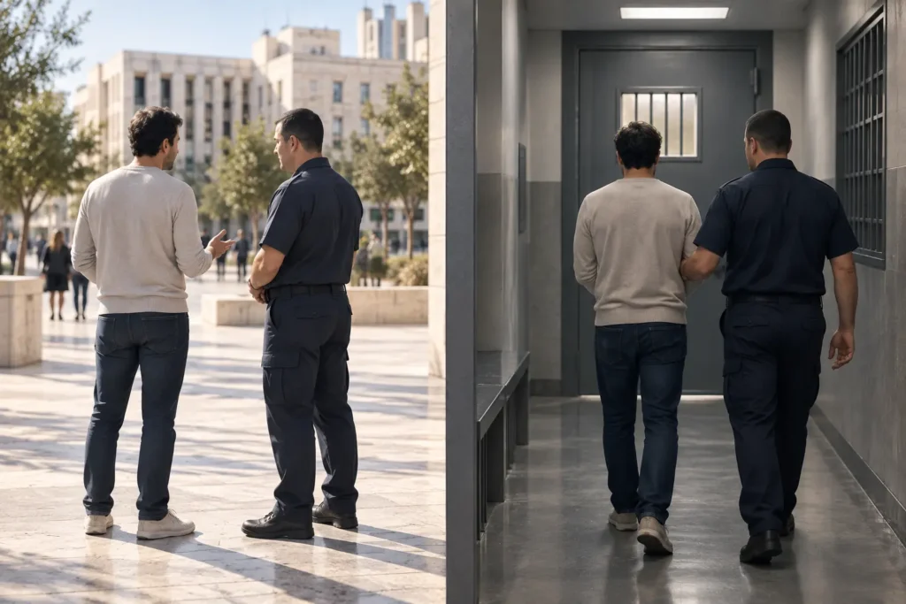 המחשה של ההבדל בין עיכוב בשטח לבין מעצר