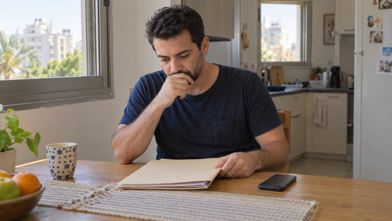גבר בוחן מסמכים בבית ישראלי לקראת קבלת ייעוץ משפטי — תמונת המחשה