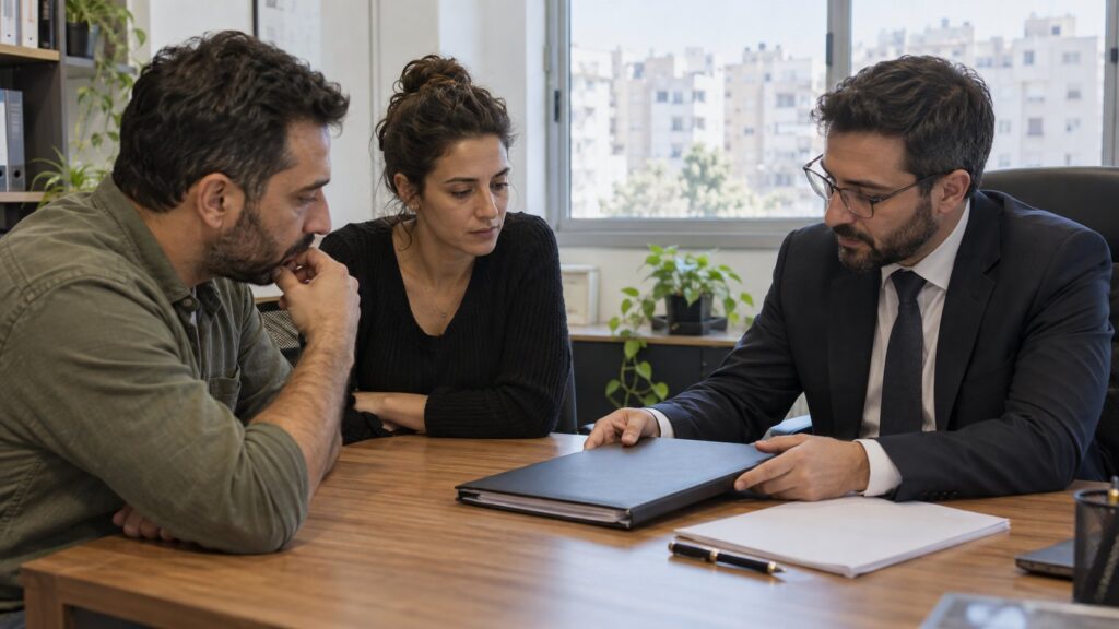 אזרח ועורכת דין בוחנים הסכם במשרד ישראלי — תמונת המחשה
