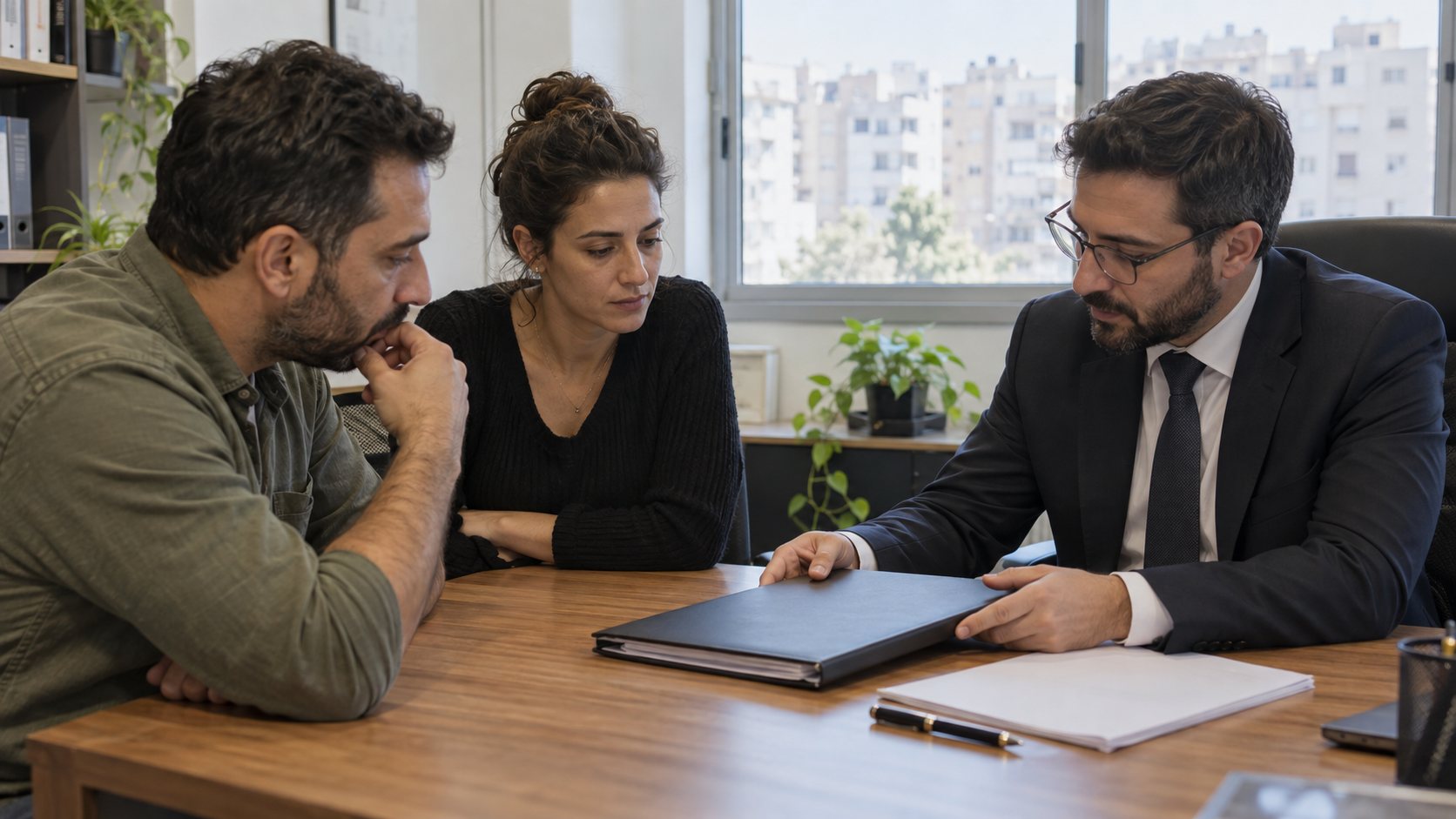 אזרח ועורכת דין בוחנים הסכם במשרד ישראלי — תמונת המחשה